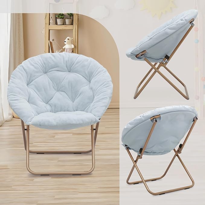 Athena Collection Round Saucer Chair with Ottoman Set of 2 for Adults Oversize Comfy Cozy Faux Fur Folding Reading Chair with Metal Leg Lazy Relaxing for Living Room Bedroom Dorm Apartment Blue