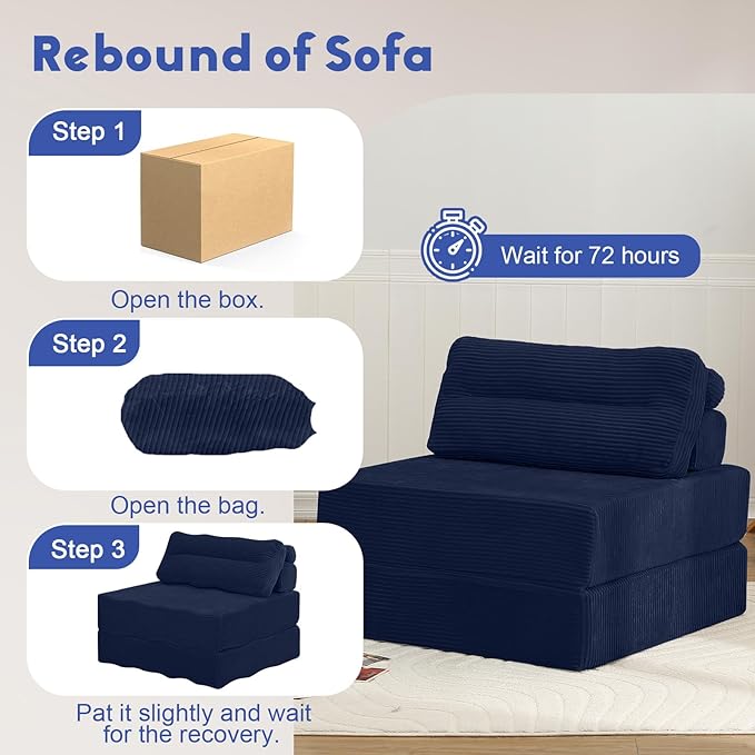 MeMoreCool Folding Sofa Bed Single – Convertible Sleeper Chair with Pillow Navy | Foldable Mattress Back Support Portable Fold Out Chair Bed Comfy Floor Sofa Lounge for Living Room Bedroom
