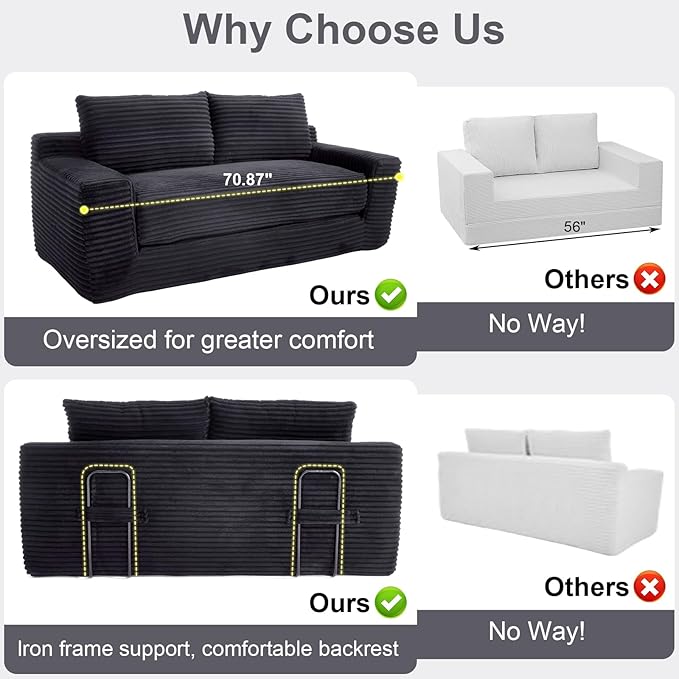 GNIXUU 71 Corduroy Cloud Loveseat Sofa 2 in 1 Convertible Sleeper Sofa with Fixed-Shape Frame Comfy Folding Boneless Love Seat Couches for Living Room Apartment Small Spaces Drak Grey