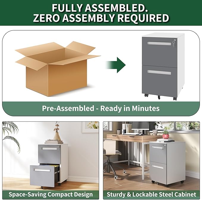 2 Drawer File Cabinet with LockSmall Filing Cabinet OrganizerModern Under Desk Storage Drawers for Home Office Commercial UseWhite