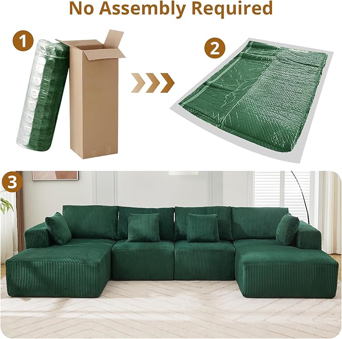 137” Modular Sectional Sofa Cloud Sectional Couch with U-Shape Chaise/Deep Seat/Armrest/Plush Corduroy Fabric No Assembly Required Boneless Compression Sleeper Sofa for Living Room Green
