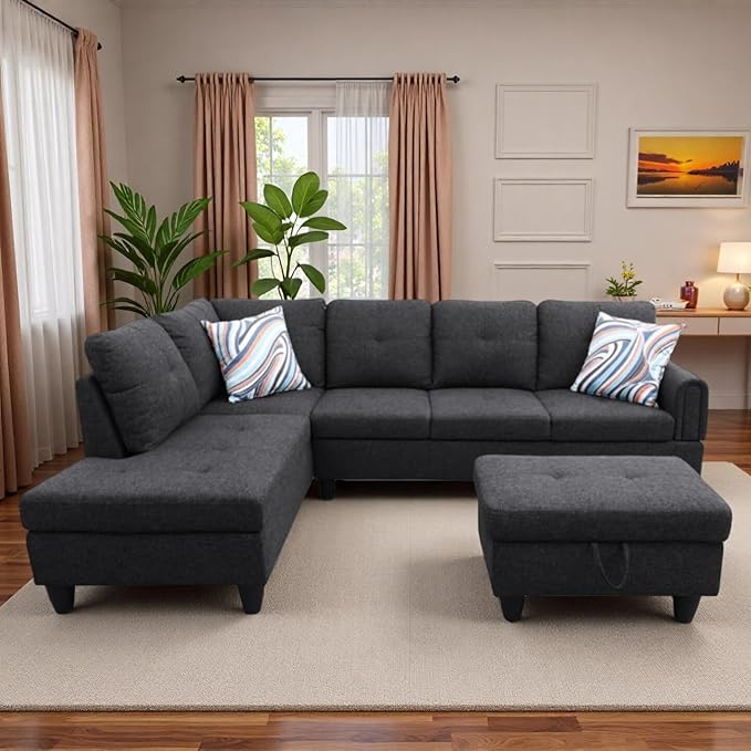 L-Shaped Sectional Sofa with Movable Chaise &amp Storage Ottoman Lounge 3-Piece Modular Convertible Couches for Living Room Apartment &amp Office Black Grey