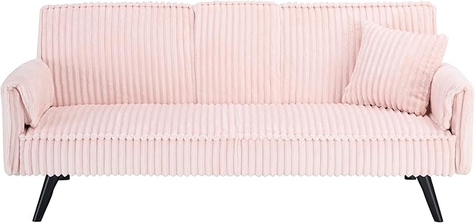 72'' Fabric Loveseat Sofa Comfy Corduroy Couch with 2 Embedded Teacup Holders 2 Seater Sofa with Adjustable Backrest Modern Small Convertible Futon Sofa Bed for Living Room Apartment (Pink)