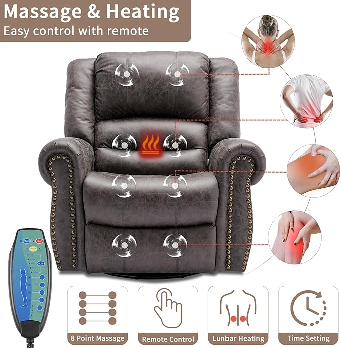 Manual Massage Swivel Rocker Recliner with Heat and Vibration 360° Swivel Glider Rocking Recliner Chair Classic Living Room Lounge Recliners with Side Pockets &amp USB Ports Grey