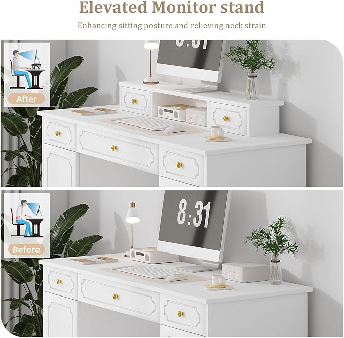 Catrimown White Desk with 7 Drawers 54 Inch Computer Desk with Cabinet for Work Writing Study Vanity Desk with Golden Handle for Girls Bedroom