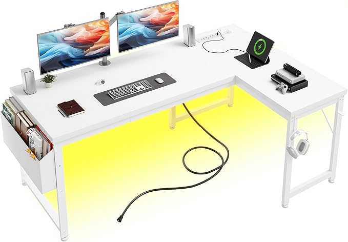 L Shaped Desk with 0.95 Inch Thicker Desktop &amp Storage Bag Computer Desk with Power Outlets &amp Lights Reversible Gaming Desk for Home Office Corner Desk Study Room Living Bedroom White
