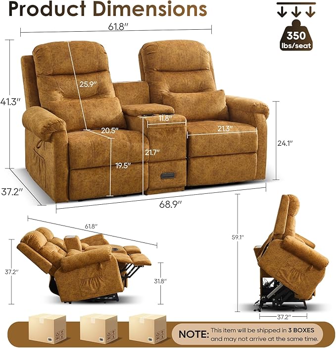 SAMERY Loveseat Recliner Sofa Power Lift Recliner for Elderly with Massage and Heat Electric Reclining Loveseat Sofa Couch with Console Cup Holder Outlets USB Drawer (Yellow Lift Loveseat) | Ea