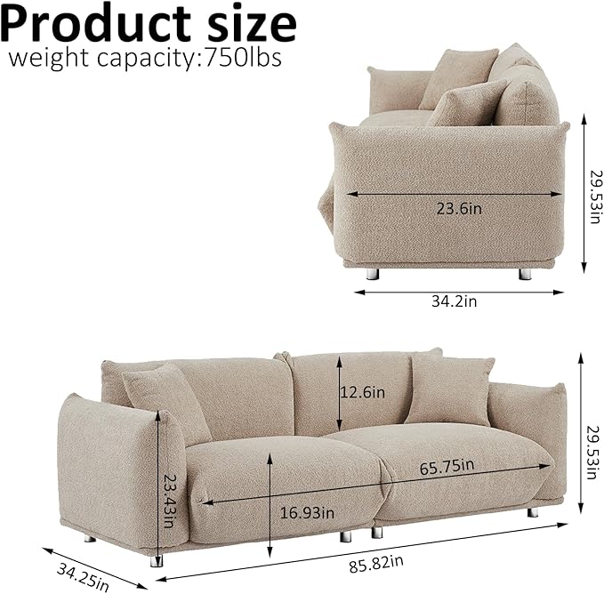 Hison Deep Seat Lambswool Sofa with 2 Pillows86 Inch Modern Sherpa Sofa with Solid Wood Frame 3 Seater Upholstered Couches Comfy Sofa for Living Room Apartment Office Camel
