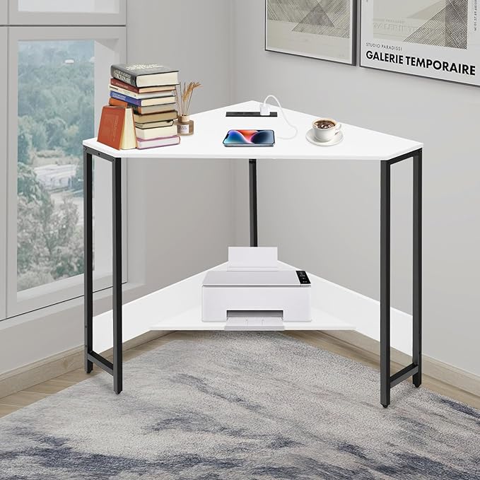 Corner Small Desk with Outlets Triangle Desk with Storage for Small Space Home Office Workstation Living Room Bedroom (White)