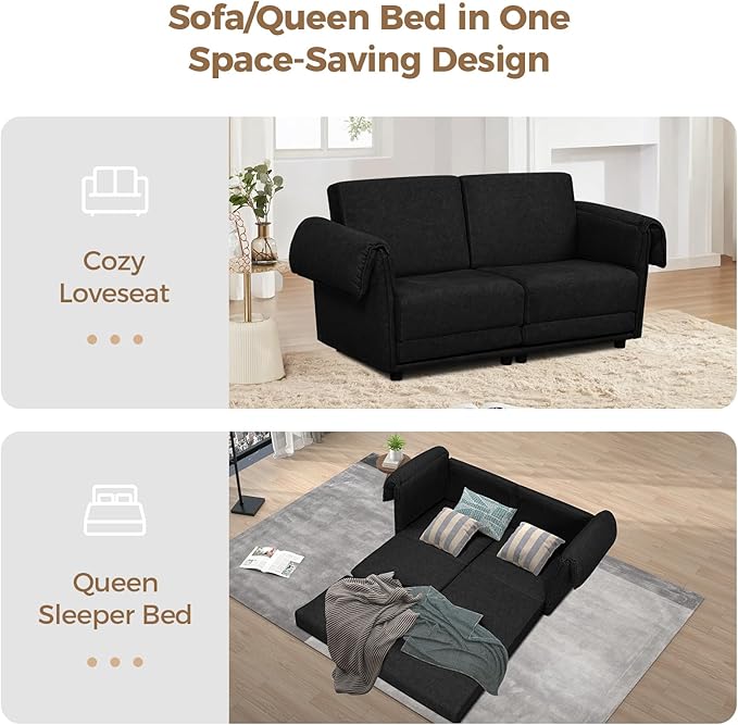 FHFO 65 Loveseat Sleeper Couch for Small Spaces 3 in 1 Pull Out Sofa Bed Convertible Sleeper Sofa Comfy Sofabed for Living Room Bedroom Apartment (Black)