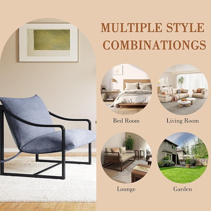 Garvee Modern Accent Chair with Metal Frame &amp Armrest Upholstered Reading Chair with Soft Foam Cushion Sling Lounge Chair for Living Room Bedroom Office Apartment Cozy Armchair Gray