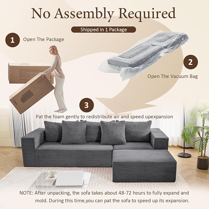 INGEROOM 108 Modular Cloud Sectional Couch with Deep Seat Boneless Sofa with Movable Ottoman Plush Corduroy Memory Foam Couch for Living Room No Assembly Dark Gray