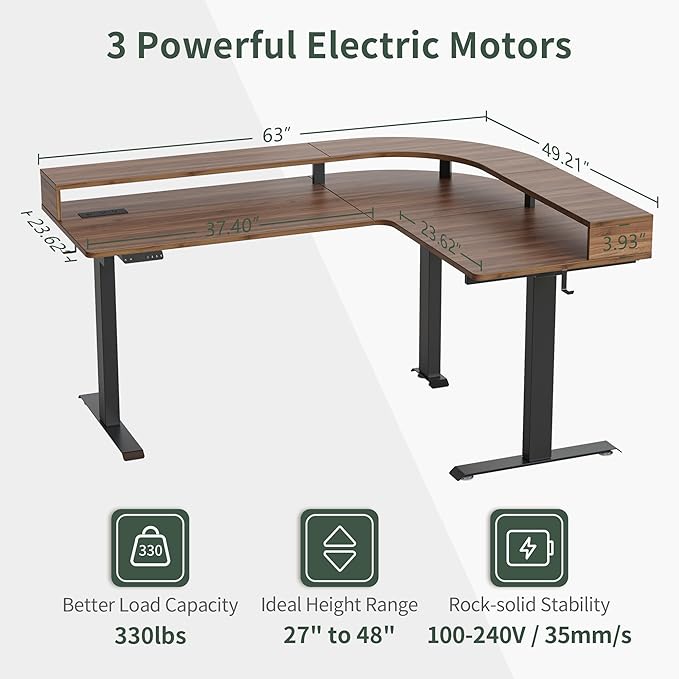 FEZIBO 63x49 L Shaped Standing Desk with Arc LED &amp Power Outlet Electric Height Adjustable L Shaped Desk with Monitor Stand for Gaming Office Black Walnut（2 Packages）