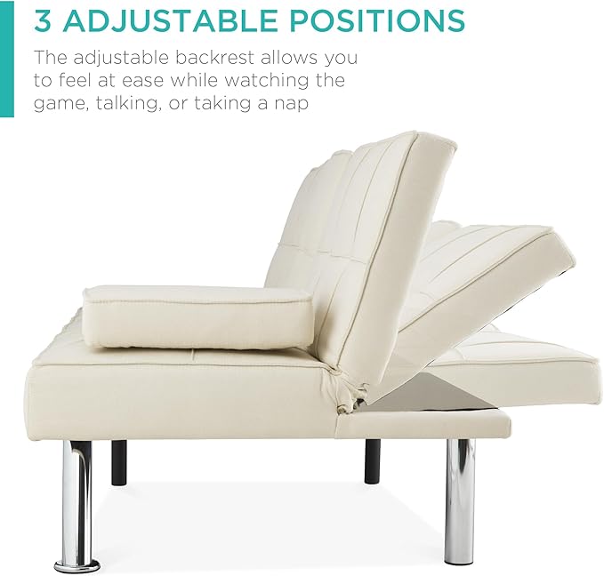 Best Choice Products Linen Modern Folding Futon Reclining Sofa Bed for Apartment Dorm w/Removable Armrests 2 Cupholders - Ivory