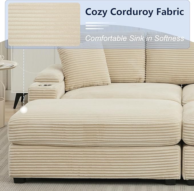 86.6 Sectional Sofa Couch with 2 Ottomans Comfy Corduroy Upholstered Cloud Modular Convertible Couch with Cup Holders and USB Armrest Storage Deep Seat Oversized Loveseat for Living Room Beige