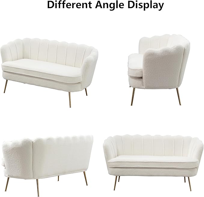 Boucle Small Sofa Couch for Small Spaces Living Room Bedroom59 Loveseat Couches with Gold Metal LegsChannel Tufted 2 Seater Sofas with Curved Back and Arms for ApartmentRV