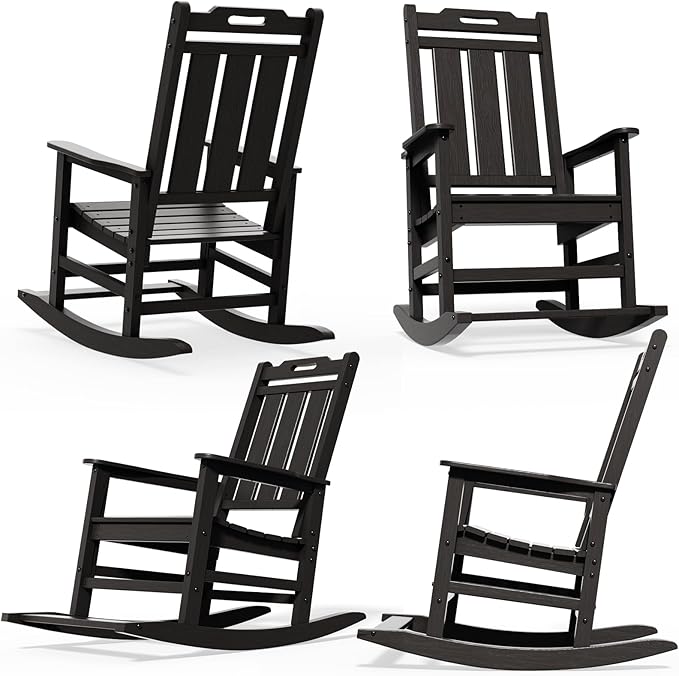Rocking Chair Outdoor Rocking Chair for Adults HDPE Outdoor Chairs with Footboard All Weather Resistant Porch Rocker Black