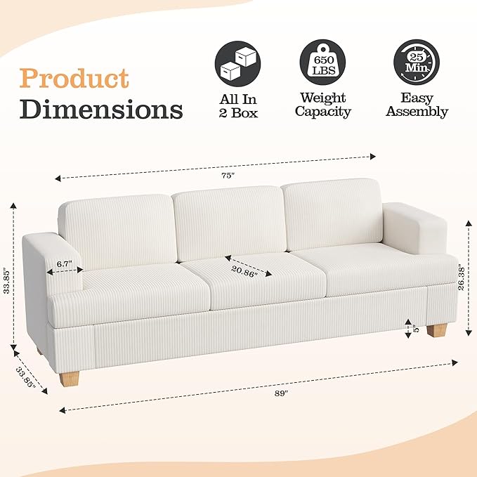Apicizon 89'' 3-Seat Sofa Couch with Loveseat 2 Piece Comfy Sofa Sets for Living Room Modern Lounge Sofa Sleeper Couch for Apartment with Deep Seat Living Room Set White Corduroy