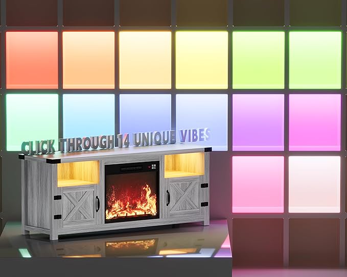 YESHOMY LED Fireplace TV Stand with Mood Lighting TV Cabinet with Open Shelf Farmhouse Media Console with Hidden Cable Routing Entertainment Center for Televisions up to 65+ Inch Gray Wash
