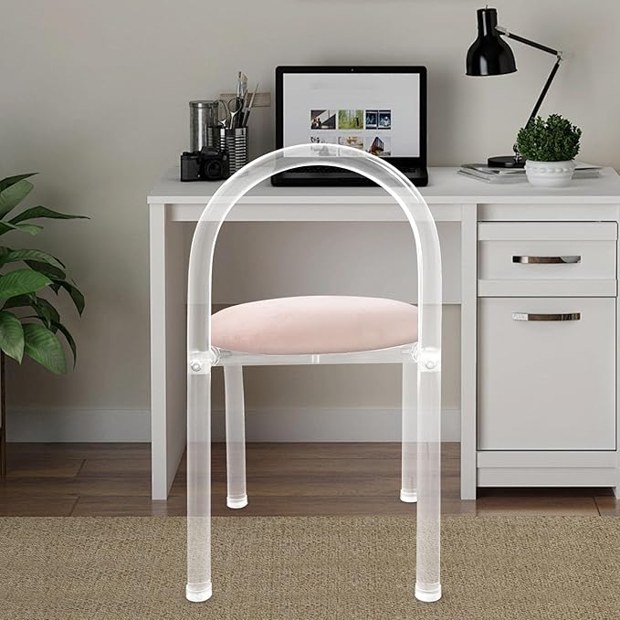 Modern Minimalist Acrylic Chair Clear Vanity Stool with Backrest and Cushion Small Accent Chair for Makeup Room Dining Room Living Room (Pink)