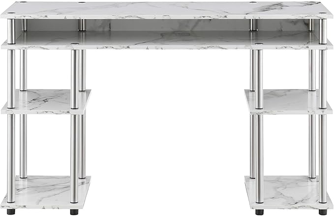 Convenience Concepts Designs2Go No Tools Desk Home Office Desk with Shelves Corner Shelf Vanity Desk Computer Desk Nail Table for Nail Tech - 47.25 L x 15.75 W x 30 H White Faux Marble