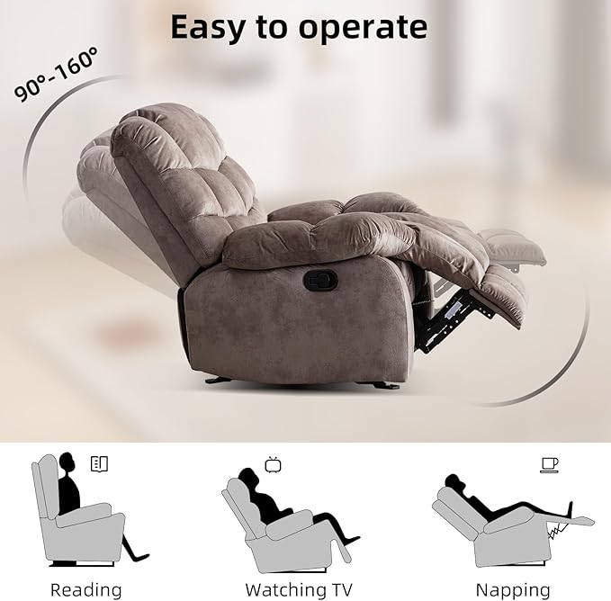 EBELLO Manual Recliner Chair Soft Fabric Reclining Chair with Soft Padded Headrest and Armrest Overstuffed Single Sofa for Living Room Brown