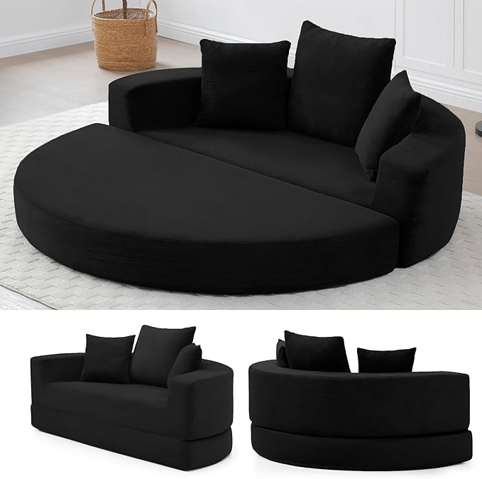 67 Round Convertible Folding Sofa Bed Boneless Couch Loveseat Floor Sleeper Chaise Lounge for Living Room Apartment Dorm Small Spaces Black