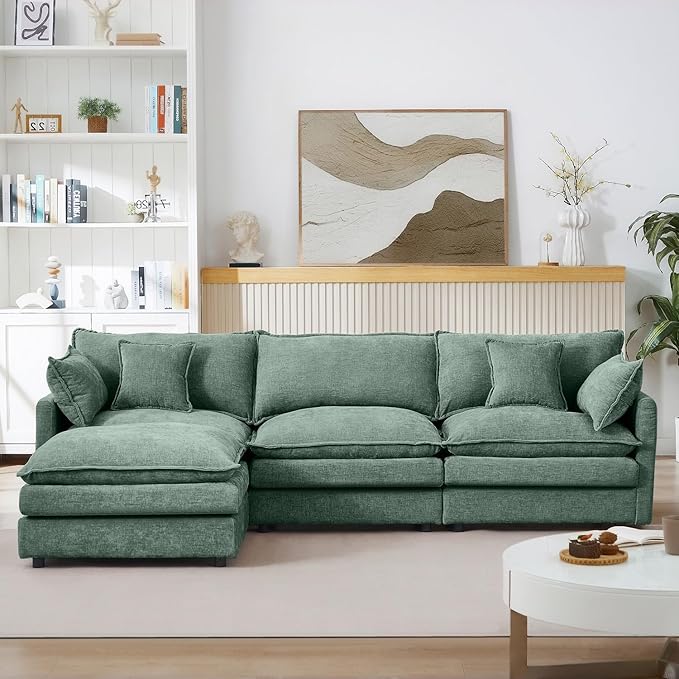 102 Mint Green Modular Sectional Sofa with Movable Ottoman Convertible L Shaped Chenille Cloud Couch Comfy 3-Seater Deep Seat Sofa Couches for Living Room Bedroom and Apartment (Mint Green 102)