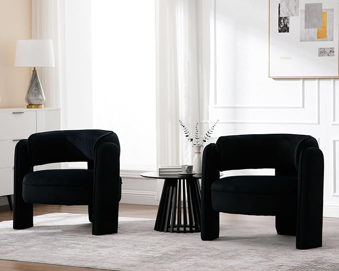 VESCASA Velvet Barrel Accent Chairs with Open-Back Upholstered Side ArmChairs with 3 Legs Modern Single Sofa for Living Room Set of 2 Black