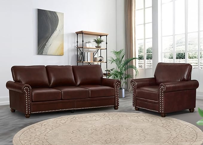 2 Piece Faux Leather Sofa SetModern Chair and Couch Sets with StorageMid Century Couch with Rivet Rolled ArmComfy Deep Seat SofaFurniture for Living RoomOffice(Armchair+3 SeaterBurgundy)