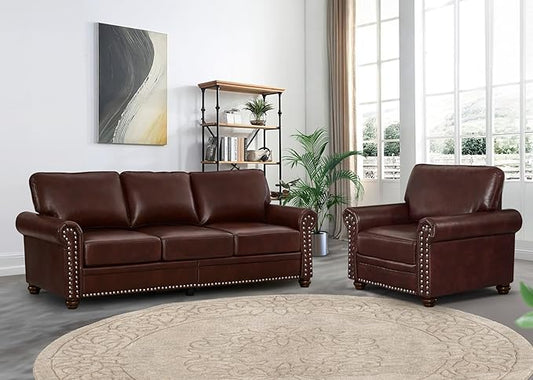 2 Piece Faux Leather Sofa SetModern Chair and Couch Sets with StorageMid Century Couch with Rivet Rolled ArmComfy Deep Seat SofaFurniture for Living RoomOffice(Armchair+3 SeaterBurgundy)