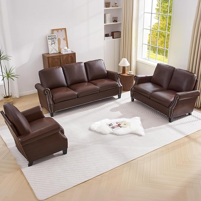 LEVNARY Compact PU Leather Sofa Set 3 Piece Small Space Couch Set with 3-Seater Loveseat &amp Armchair Comfortable Nailhead Trim Living Room Furniture for Apartment Office Guest Room (Brown)