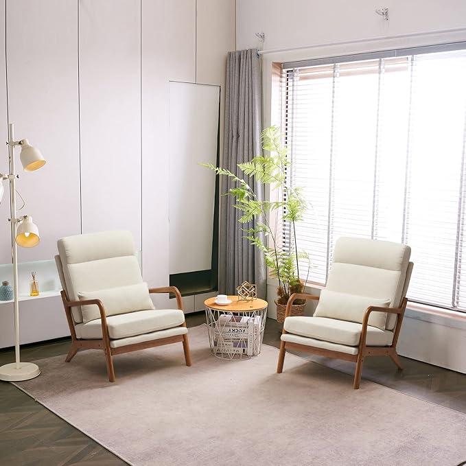 Accent Chair for Living Room Mid-Century Modern Lounge Chair with Solid Wood Legs Comfortable Reading Armchair with High Back for Office Apartment Bedroom Waiting Room Beige