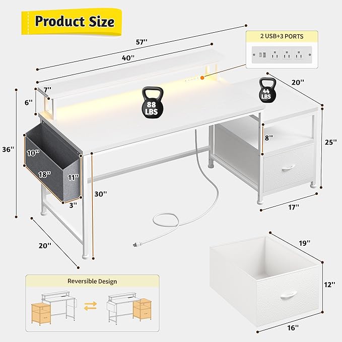 Computer Desk with DrawersOffice Desk with Printer Shelf &amp Monitor StandGaming Desk with Power Outlets &amp LED LightsCorner Table with Side Storage Bag White