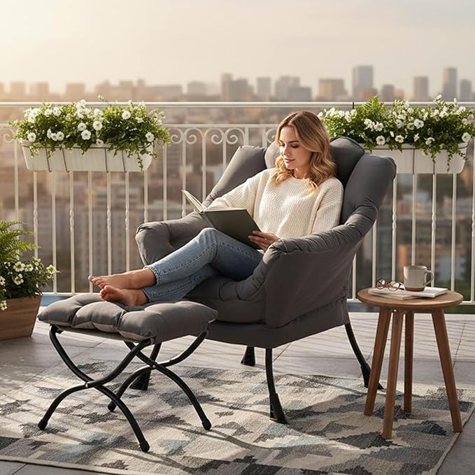 Tiita Lazy Chair with Ottoman Gray Modern Large Accent Chair Comfy Leisure Sofa Armchair with Ottoman Reading Chair with Footrest for Bedroom Living Room Dorm Rooms Garden Dark Grey