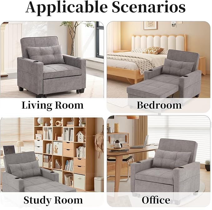 Sleeper Chair Bed Convertible Chair Bed Pull Out Chair Beds with USB Charging &amp Cupholders Adjustable Backrest Leather Futon Chair Bed for Living Room Bedroom (Light Grey(Cloth))