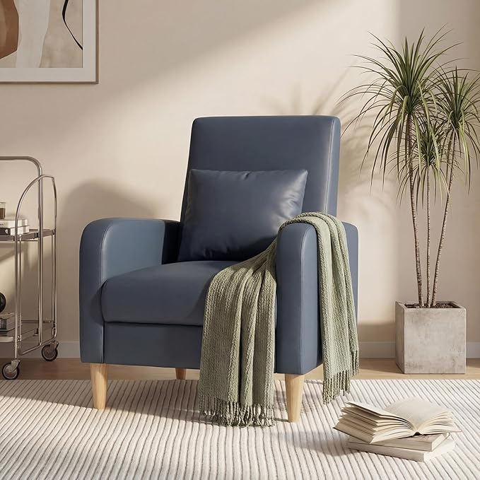 COLAMY Mid-Century Modern Upholstered Accent Chair with Back Pillow &amp Solid Wood Legs Leather Cozy Armchair for Living Room Bedroom Reading Nook Apartment &amp Small Spaces Blue