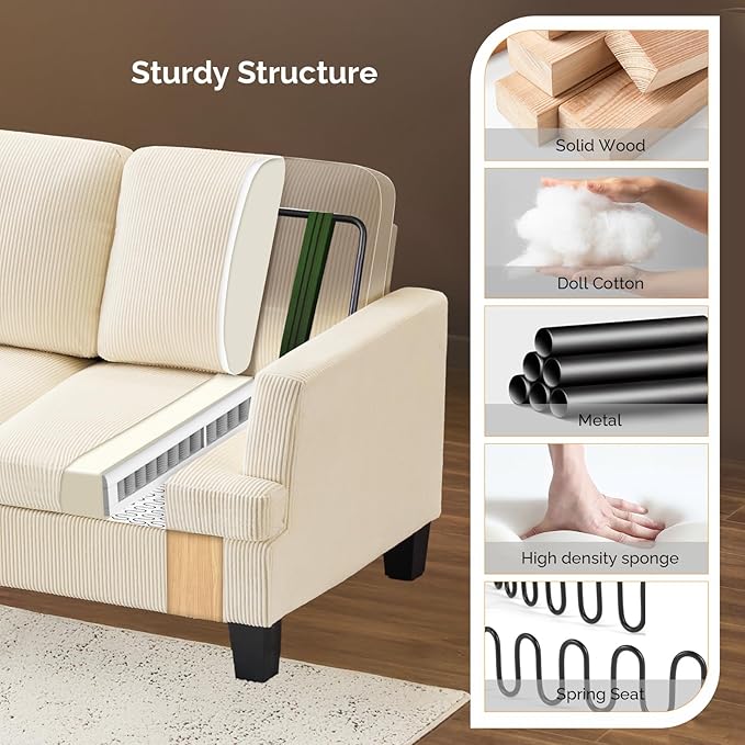 VINGLI Beige 83 Sofa Couches for Living Room Corduroy Modern Comfy 3 Seater Couch 25.6 Deep Seat Upholstery Cozy Sofas for Small Space Bedroom Apartment Home Office