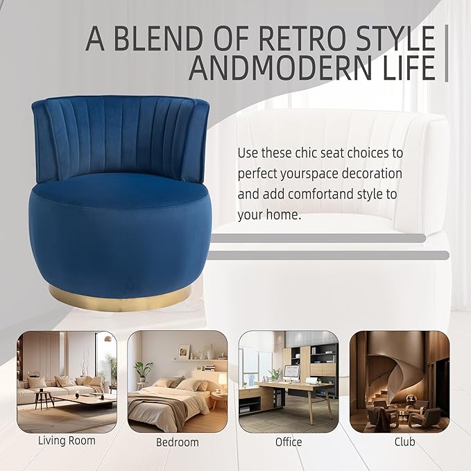 25.2 360 Degree Swivel Barrel SofaRound ArmchairsUpholstered Velvet Sofa ChairComfy Round Accent Sofa Chair for Living RoomBedroomOfficeWaiting RoomsNavy