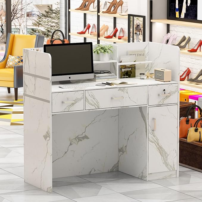 Homsee Modern Reception Desk with 3 Drawers 1 Door Storage Cabinet &amp Hutch Shelf Office Wooden Computer Desk Writing Study Table PC Laptop Desk White Marble (47.3 L x 18.3 W x 43.3 H)