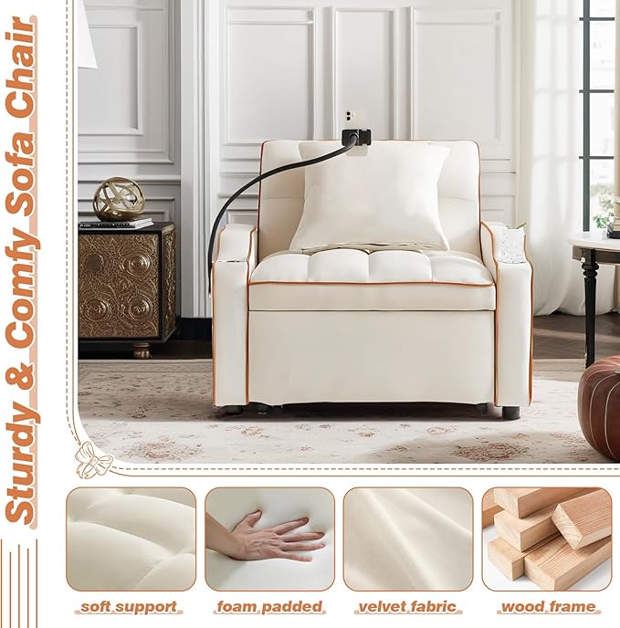Antetek Sleeper Sofa Chair Bed with Charging Ports &amp Phone Holder &amp Cup Holder Modern Velvet 3 in 1 Convertible Pull Out Single Sofa Chair Bed for Small Spaces Apartment Beige