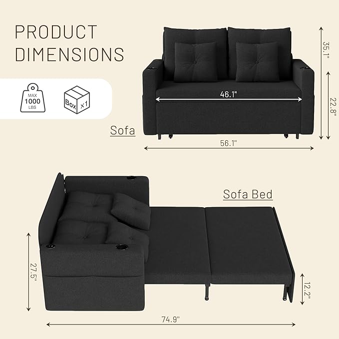 3 in 1 Sofa Bed 56 Inch Convertible Pull Out Couch Loveseat Sleeper Sofa with Cup Holders USB Couch Bed for Living Room Bedroom Apartment Black
