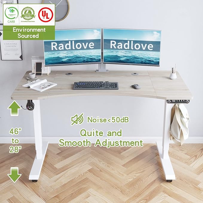 Radlove Electric Standing Desk 55 x 30 Height Adjustable Computer Desk Sit Stand Desk Home Office Desks with Splice Board and A Under Desk Cable Management Tray (White Frame + Oak Top)