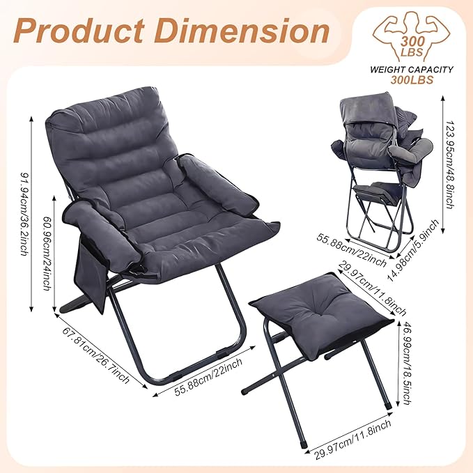 Lazy Chair with Ottoman Modern Lounge Accent Chair with Armrests and Side Pocket Leisure Sofa Armchair Reading Chairs with Footrest for Living Room Bedroom Dorm &amp Office Gray