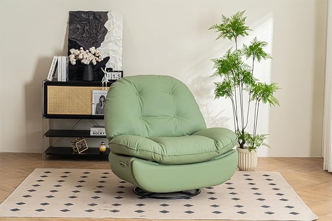 Power Recliner Sofa Chair 270 Degree Swivel Leisure Single Sofa with Button Control Wireless Speaker USB Ports Hidden Arm Storage and Phone Holder for Living Room Bedroom Green PU (Without LED)