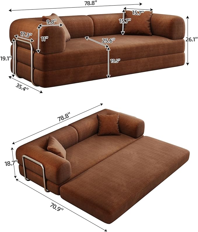 KEIKI 78.8 inch Compression Sofa Convertible Floor Sofa Bed Comfy Futon Couch Sleeper Bed Corduroy Folding Loveseats for Living Room Brown