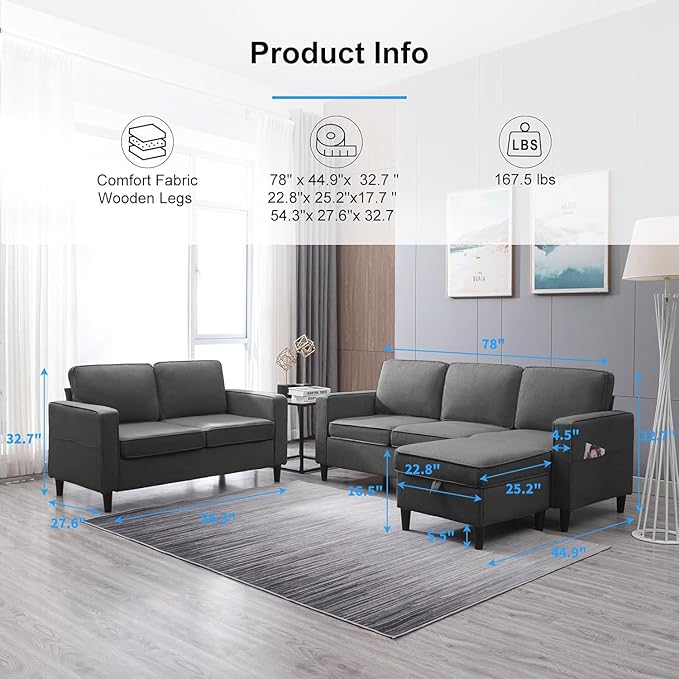PUREMIND 2 Piece Living Room Sofa Sets Modern 3 Seater Sofa and Loveseat Set for Living Room Linen Fabric L Shaped Sectional Couch with Ottoman + 2-Seat Couch Sets for Livingroom Apartment