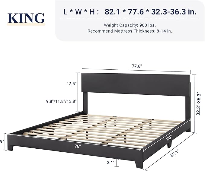 Allewie King Size Bed Frame with Adjustable Headboard Faux Leather Platform Bed with Wood Slats Heavy Duty Mattress Foundation No Box Spring Needed Noise-Free Easy Assembly Black