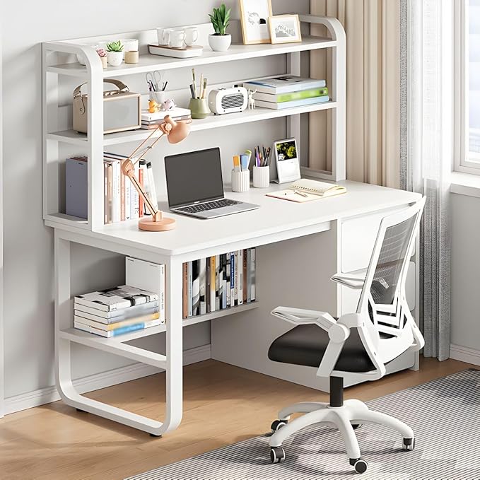 CraftThink Writing Desk Chair Set Rectangular Study Table with 3-Drawer and Storage Shelves Wheeled Chairs Computer Desk Table for Home Office (Wood Color Desk &amp Chair 55 L x 19 W x 56.5 H)