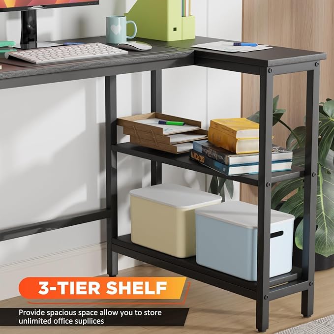 L Shaped Computer Desk 39 Inch Corner Desk with Reversible Storage Shelves Home Office Desk with Metal Frame Modern Simple Style for Home Office Living Room Bedroom Black